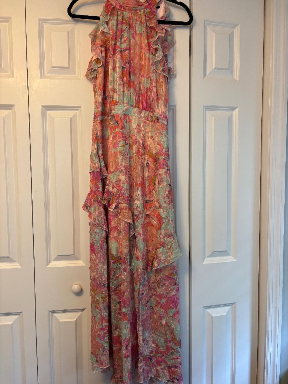 Alex Evenings brand tiered maxi dress. Pink/coral floral. Altered to sz 4